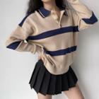 Loose-fit Polo-collar Color Block Striped Top