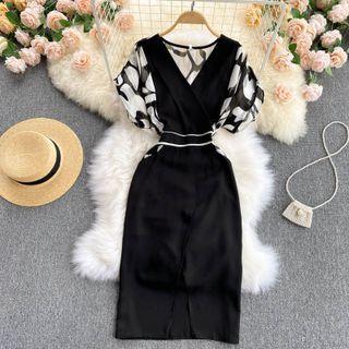 Color Block Panel Batwing-sleeve Dress