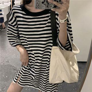 3/4-sleeve Oversized Striped T-shirt Stripes - Black & White - One Size