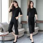 Set: Lace Elbow-sleeve Top + Cropped Pants