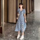 Floral Print Puff-sleeve Slit Midi A-line Dress Blue - One Size