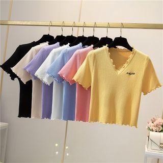 V-neck Lettuce Edge Knit Crop Top