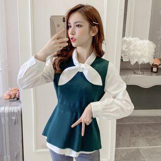 Long-sleeve Tie-waist Plain Blouse / Plain Vest
