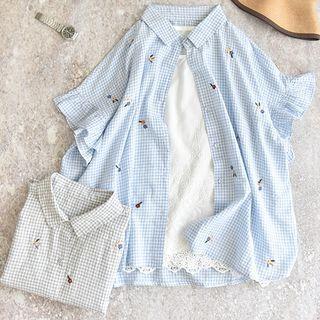 Short-sleeve Ruffled Trim Embroidered Floral Plaid Shirt