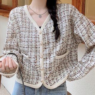 Long-sleeve Plaid Cardigan Plaid - One Size
