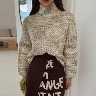 Turtle-neck Drop-shoulder Melange Sweater