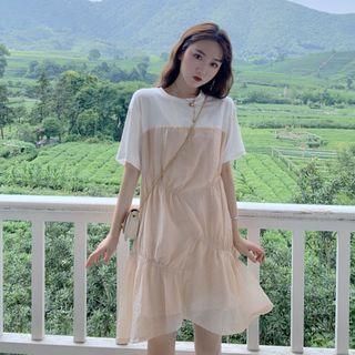 Mock Two-piece Short-sleeve Shirred A-line Dress Light Orange - One Size