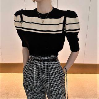 Elbow-sleeve Color Block Knit Top / Plaid Straight-cut Pants / Belt