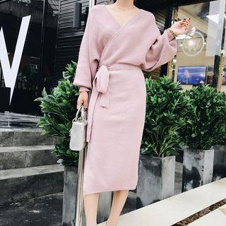 Tie Waist Long-sleeve Sheath Knit Dress Mauve Pink - One Size