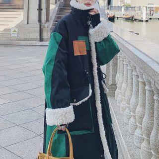 Color Block Fluffy Trim Midi Coat