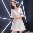 Rhinestone Mesh Panel Mini A-line Prom Dress