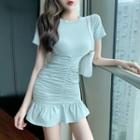 Short-sleeve Shirred Ruffle Hem Mini Bodycon Dress