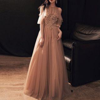 Cold Shoulder Embroidered Mesh A-line Evening Gown