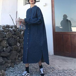 Denim Midi Shirt Dress Dark Blue - One Size