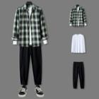 Set: Long-sleeve Plain T-shirt + Plaid Shirt + Drawstring Pants