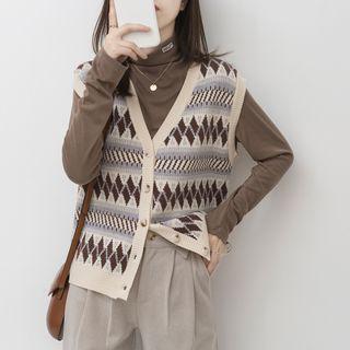 Patterned Button V-neck Knit Vest