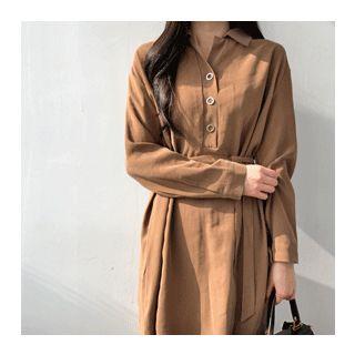 Collared Half-placket Long Dress With Sash