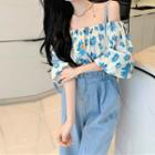 High-waist Wide-leg Jeans / 3/4-sleeve Off-shoulder Floral Print Blouse