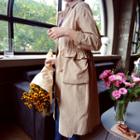 Drawstring-waist Zip-up Trench Coat