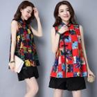 Mandarin-collar Printed Sleeveless Top