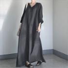 Long-sleeve Tasseled Maxi A-line Dress Black - One Size