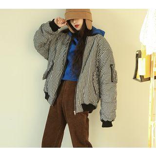 Plaid Padded Bomber Jacket Gingham - Black & White - One Size
