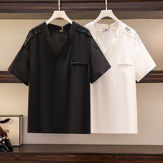 Short Sleeve Placket Lace Panel Blouse