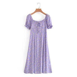 Puff-sleeve Square-neck Floral Print Midi A-line Dress