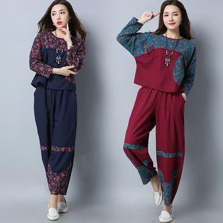 Set: Floral Long-sleeve Top + Crop Harem Pants