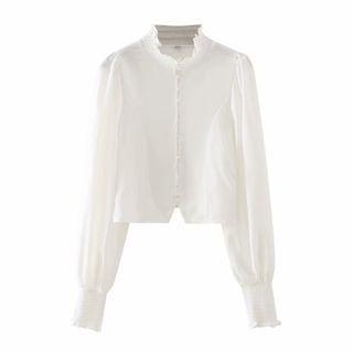 Ruffle-collar Plain Cropped Blouse
