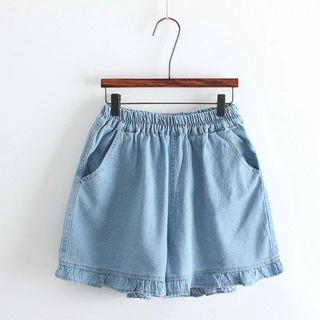 Frill Trim Wide-leg Denim Shorts