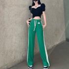 Short-sleeve Lace Trim Crop Top / Drawstring Sweatpants