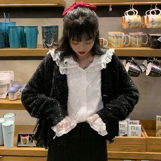 Plain Cardigan / Lace Blouse / Boot-cut Pants
