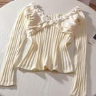 Long-sleeve Flower Applique Ribbed Knit Top Beige - One Size