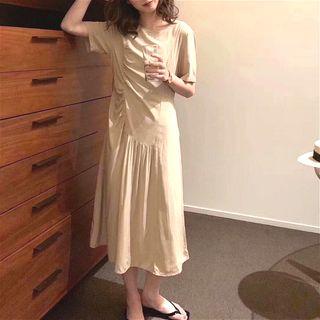 Short Sleeve Pleated Dress Khaki - One Size