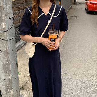 Collared Short-sleeve Midi A-line Dress Navy Blue - One Size