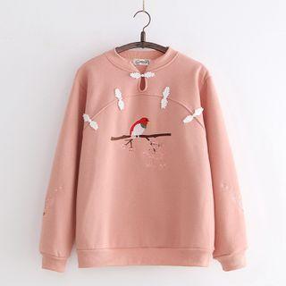 Bird Embroidered Fleece-lined Pullover