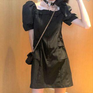 Puff-sleeve Mini Shift Dress Black - One Size
