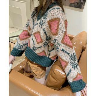V-neck Pattern Sweater Khaki & Pink & Green - One Size