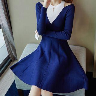 Long-sleeve Panel A-line Knit Dress