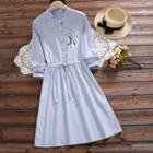 Embroidered Pinstriped Band Collar Long Sleeve Dress
