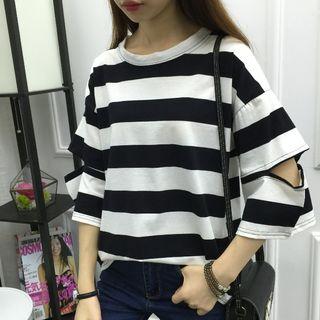 Striped Cut Out 3/4-sleeve T-shirt