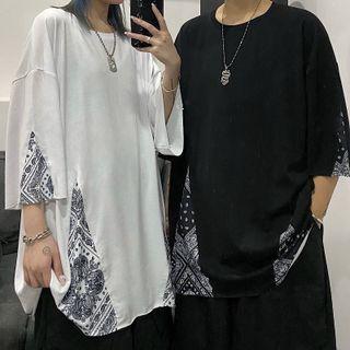 Couple Matching Elbow-sleeve Pattern Print T-shirt