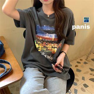 Elbow-sleeve Graphic Print T-shirt Gray - One Size
