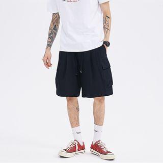 Drawstring-waist Pocket-side Wide-leg Shorts