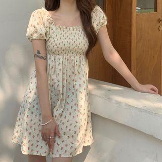 Short-sleeve Floral Print A-line Dress Floral - Light Yellow - One Size