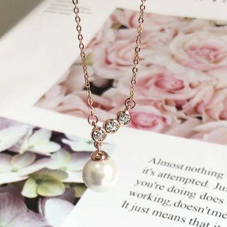 925 Sterling Silver Faux Pearl Rhinestone Pendant Necklace 925 Sterling Silver - Rose Gold - One Size