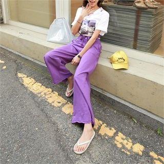 Slit Drawstring-waist Wide-leg Sweatpants
