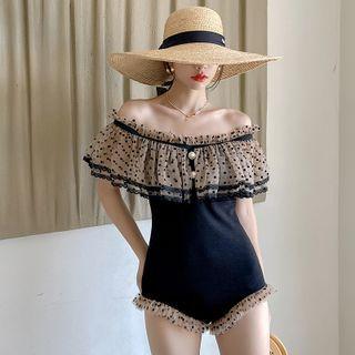 Short-sleeve Dotted Mesh Swimsuit