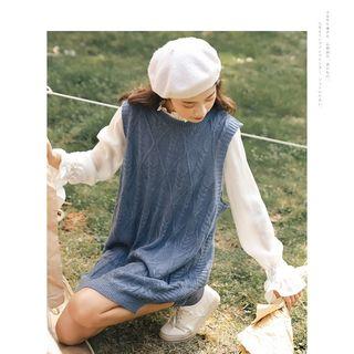 Set: Ruffle Trim Blouse + Crew-neck Sleeveless Knit Dress